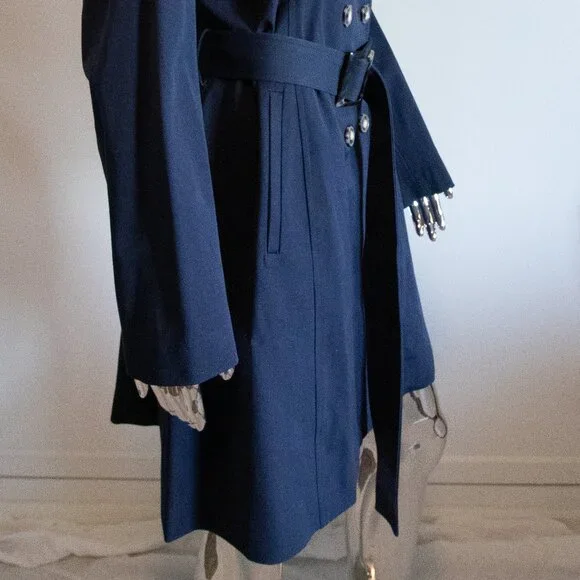 Navy Trench Coat With Grey Tortoiseshell Buttons Belted - Picture 2 of 6